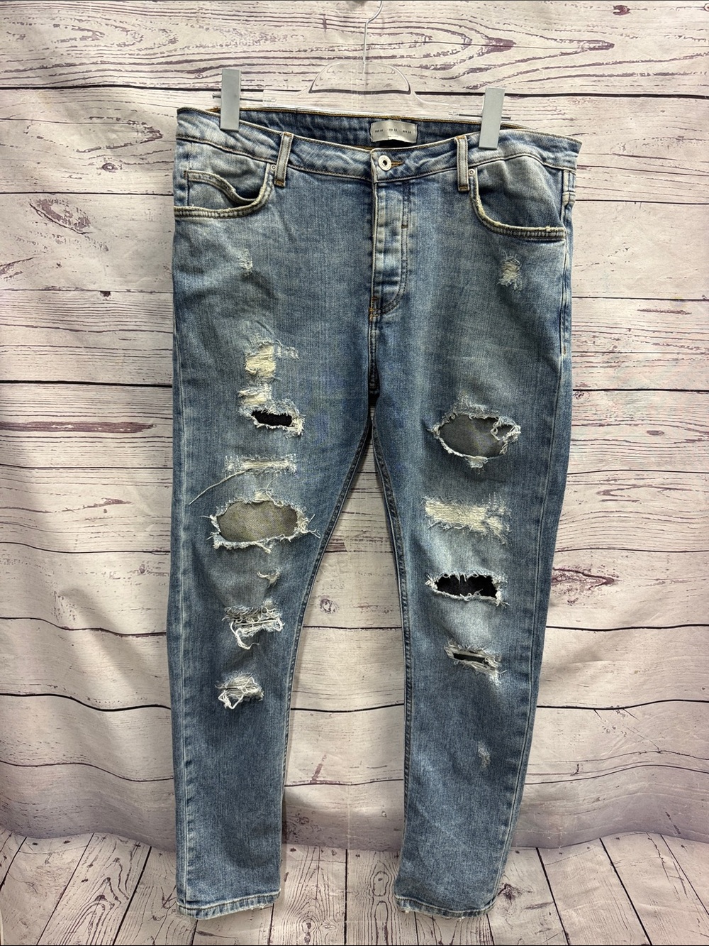 Zara Men's Distressed Blue Ripped Jeans - Casual Slim Fit Size 34